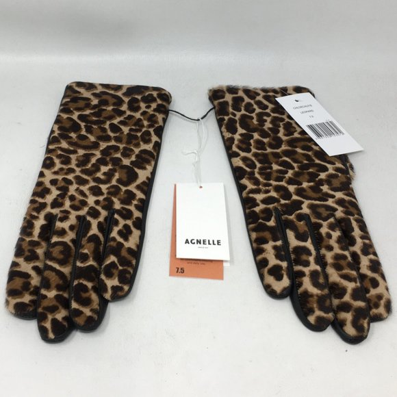 Agnelle Chloe Leopard-Print Calf Hair Gloves, Women's Size 7.5 - Brown/Multi